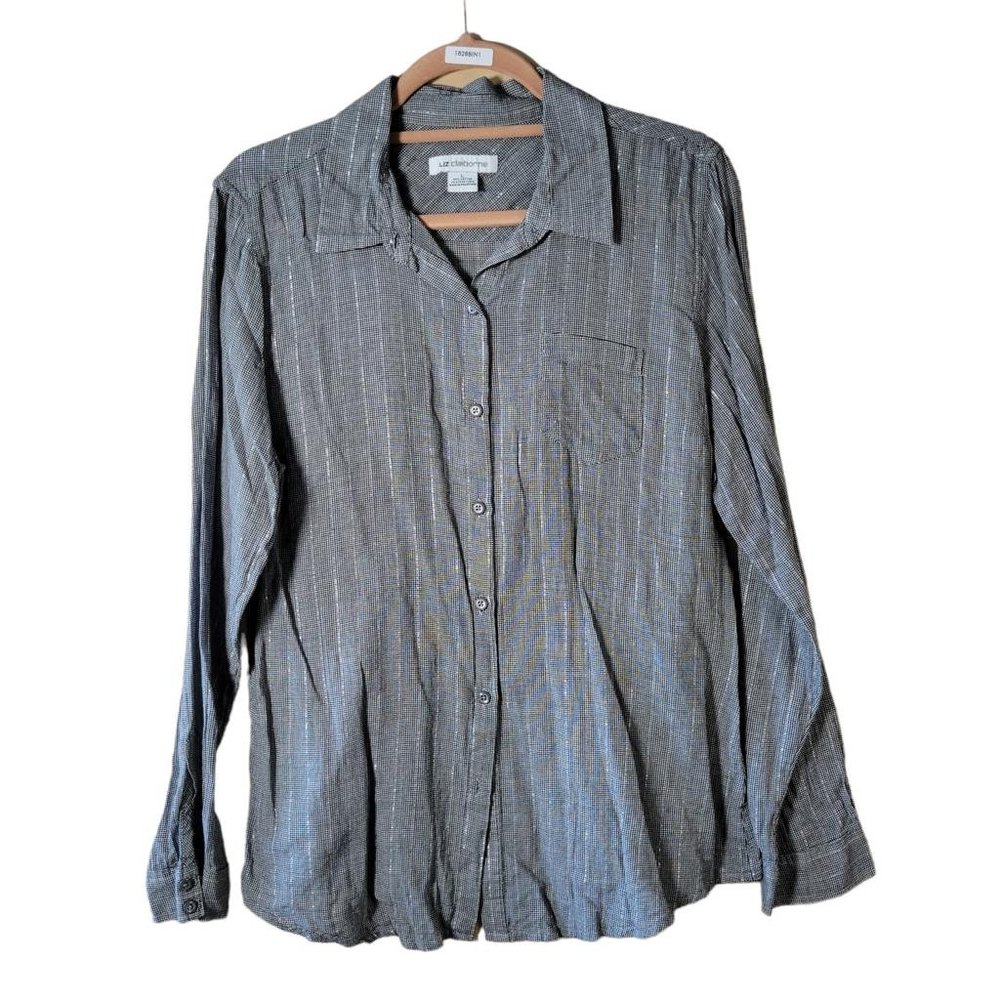 Liz Claiborne Black White Checkered Long Sleeve Button Front Shirt Women Size L